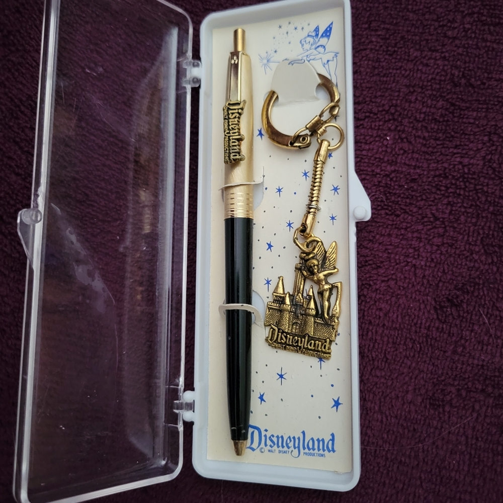 Vintage 70s Disneyland Pen & Key Chain Set Tinker Bell Sleeping Beauty Castle